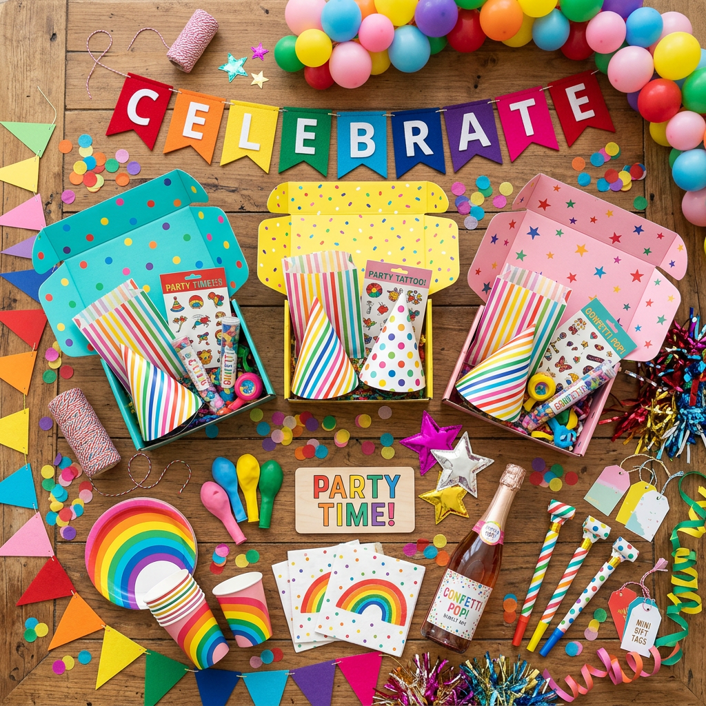 Colorful party boxes with hats, confetti, balloons, plates, cups, and party blowers arranged on a wooden table