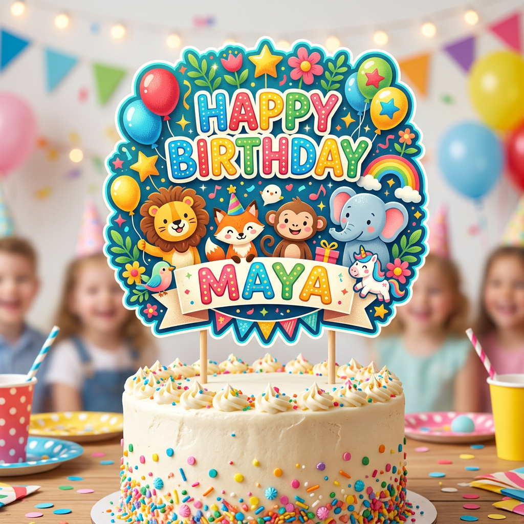 Birthday cake with colorful animal-themed topper saying Happy Birthday Maya
